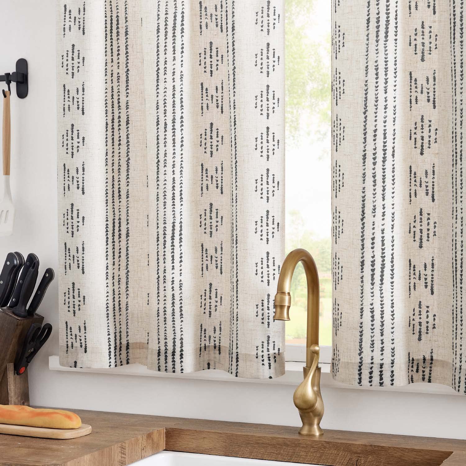 Jinchan Boho Kitchen Curtains Linen Tier Curtains 45 Inches Bohemian Small Cafe Curtains Striped Farmhouse Rustic Curtains For Bathroom Rv Camper Light Filtering Rod Pocket 2 Panels Black On Beige